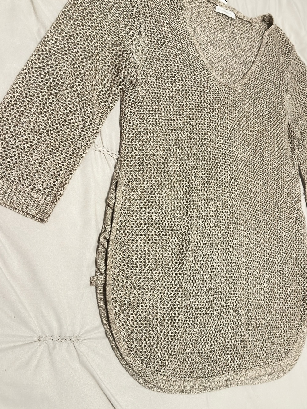 New York & Company Beige V-Neck Lace-Up Side Knit Sweater